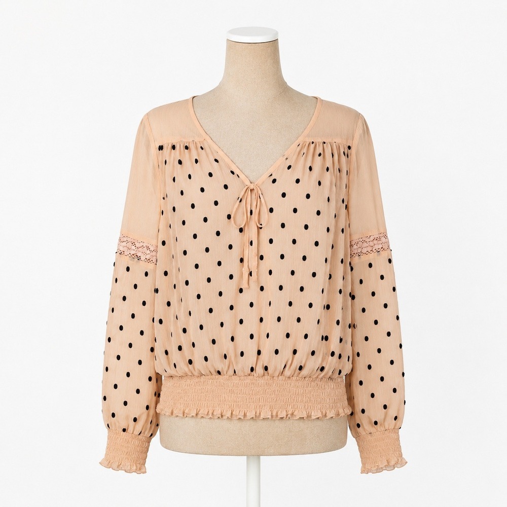 Free People Polka Dot Sheer Peasant Top Size S Pink Lace Coquette Romantic Boho